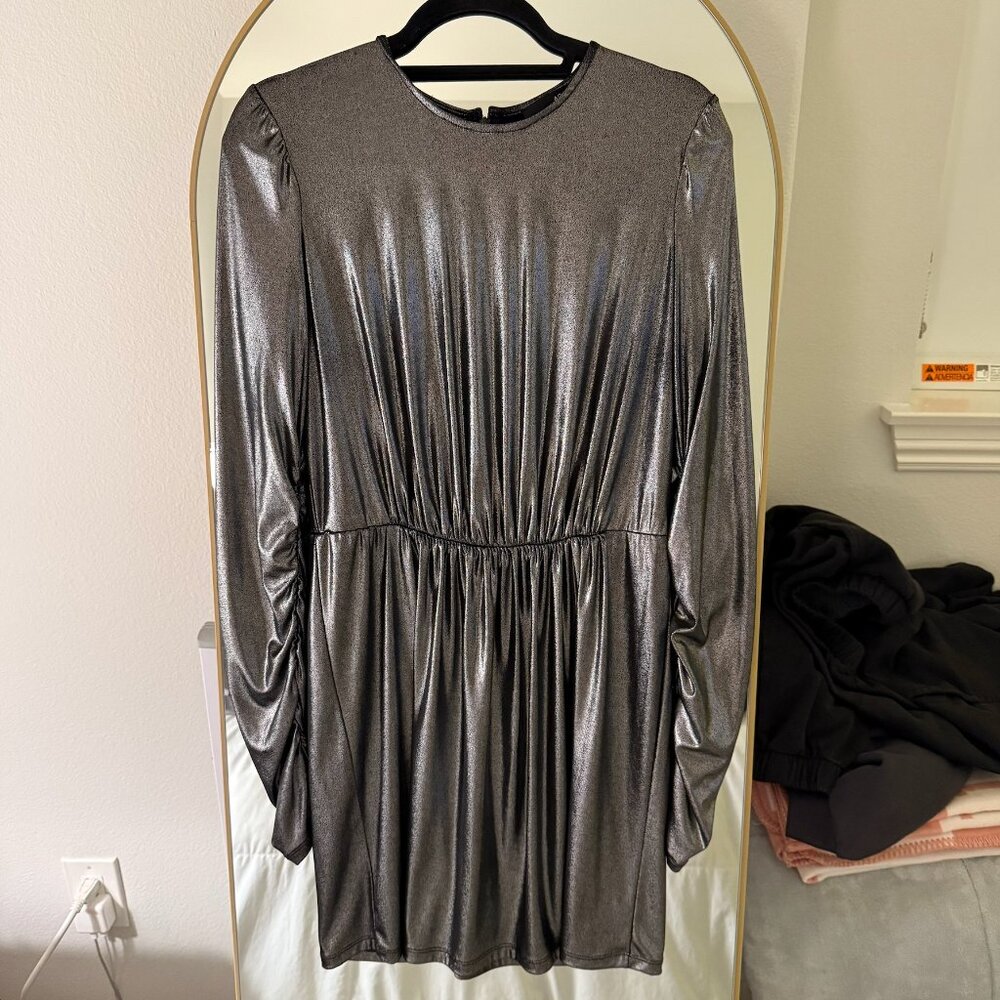 Aqua Silver Metallic Long Sleeve Sinched Dress